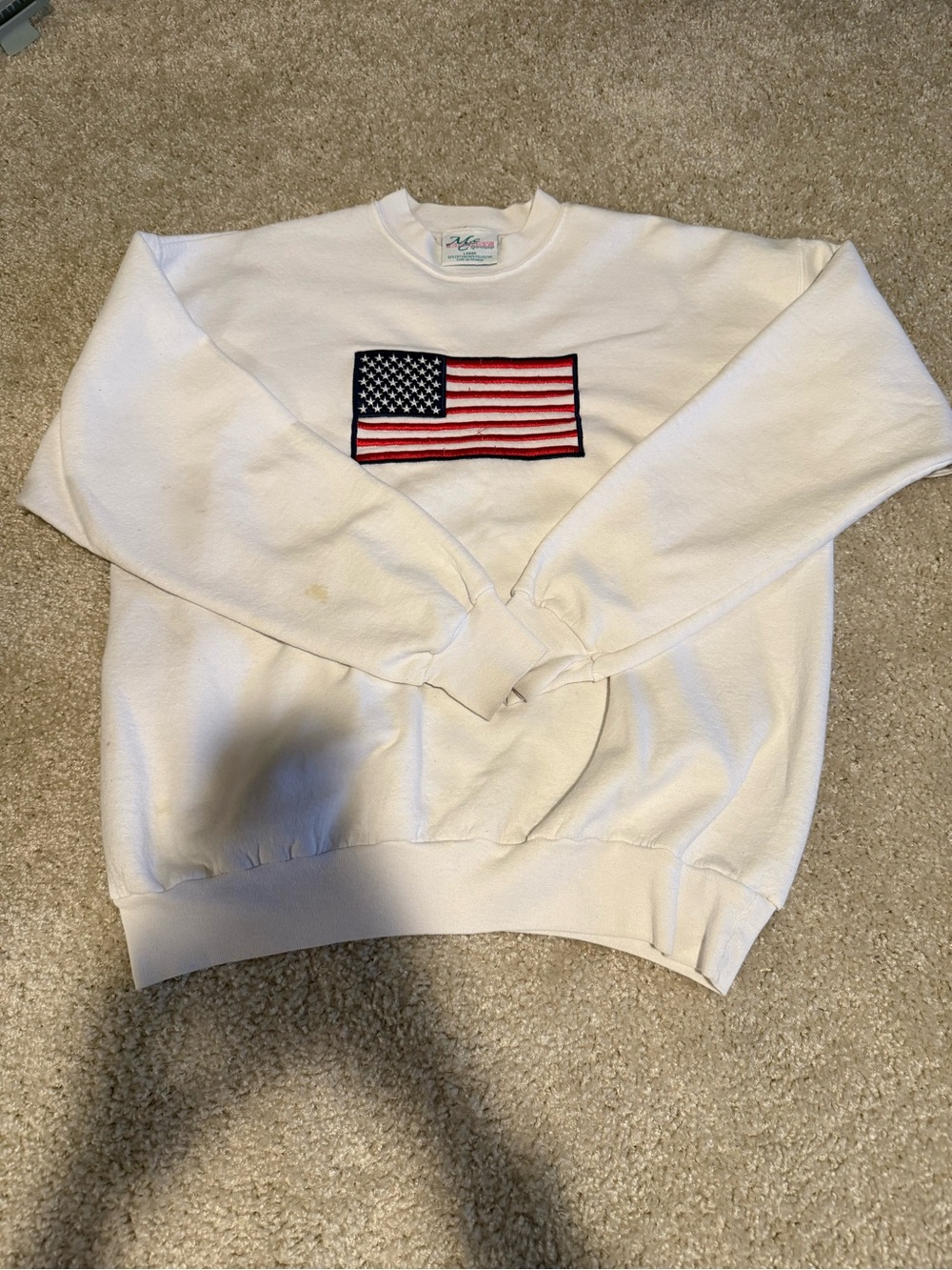 White Vintage Crewneck Sweater with American Flag